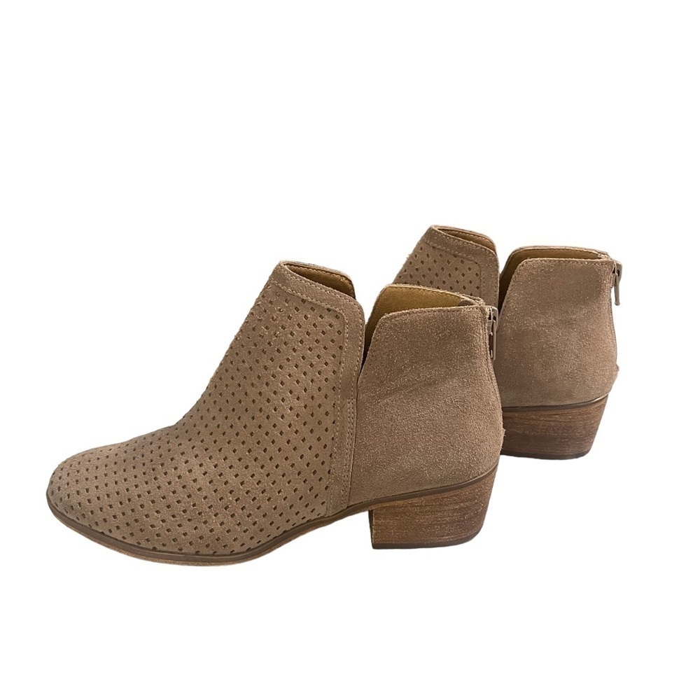 Susina Neutral Perforated Tan Suede Chunky Heel Ankle Booties Size 6.5 - Picture 9 of 13